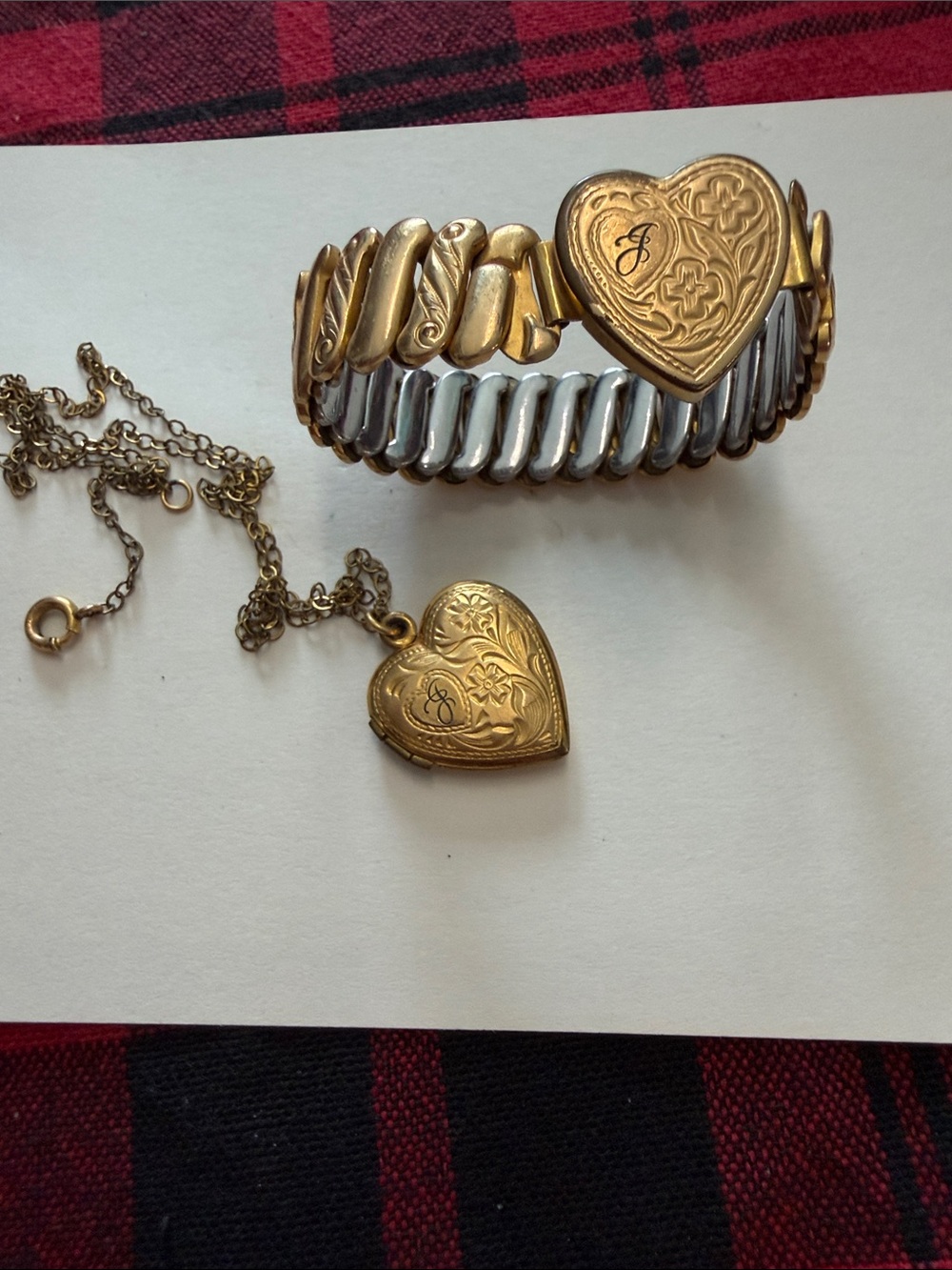Vintage Gold Two-Tone Heart Expandable Bracelet with Matching Heart Locket